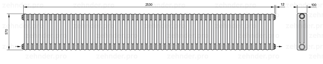 Схема (чертеж) Радиатор Zehnder Charleston 3057/55 №2670 Technoline TL